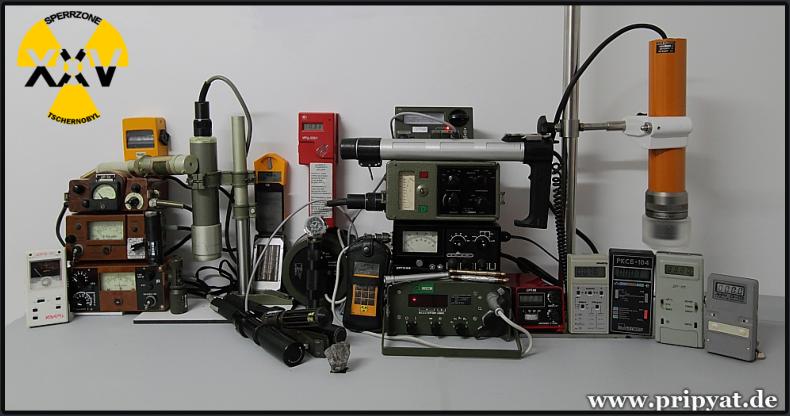 Von links nach rechts: DRGB-90 QUARZ, DP-75, DP-66, DP-5A, Automess 6150 DL, Gamma Scout, Sosna ANRI, IRD-02B1, Gamma Master II, RAM-II, DRG3-04, RAM-63, FAG SV500, SRP-88N,  PRIPJAT RKS 20.03, RKSB-104, DRG-01T, Anri-01-02 Sosna.